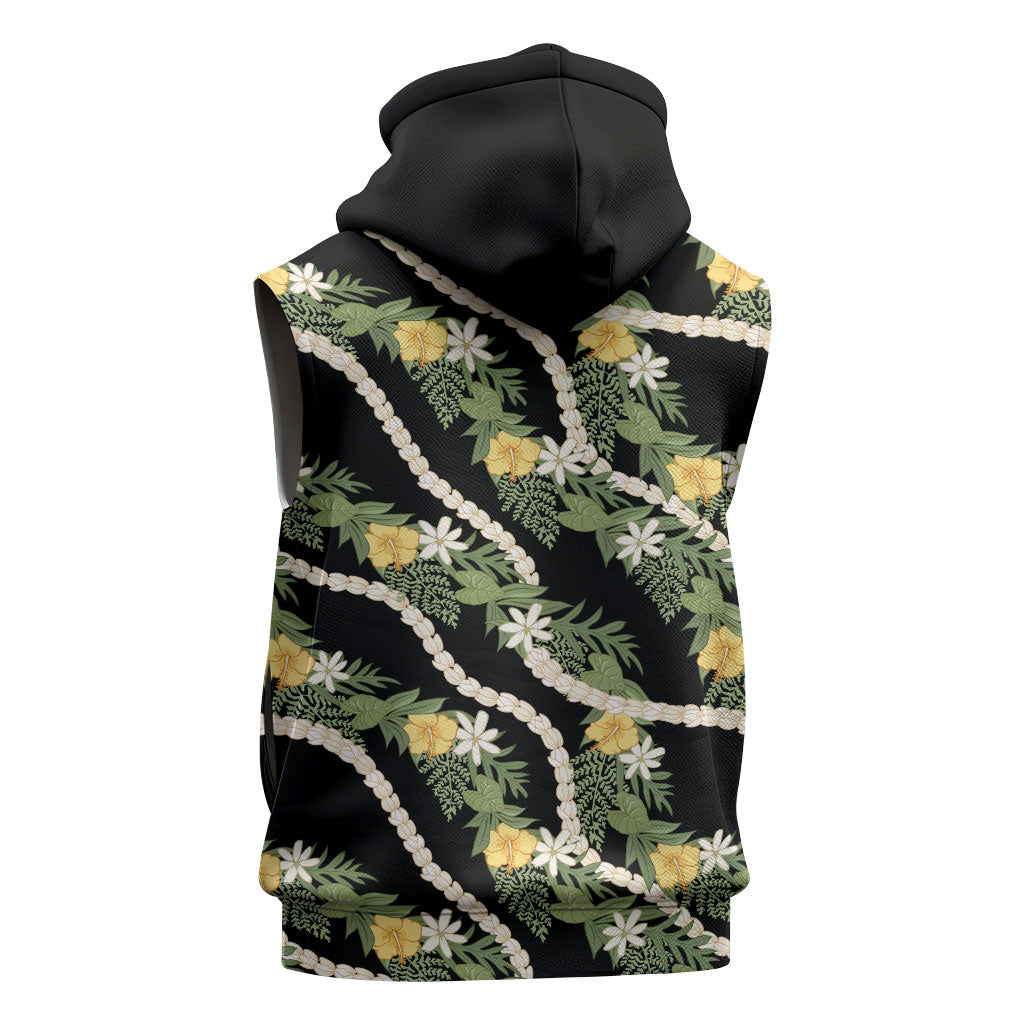 Hawaiian Pikake Maile Lei Sleeveless Hoodie Tiare Hibiscus Kalo Palapalai Leaf Black