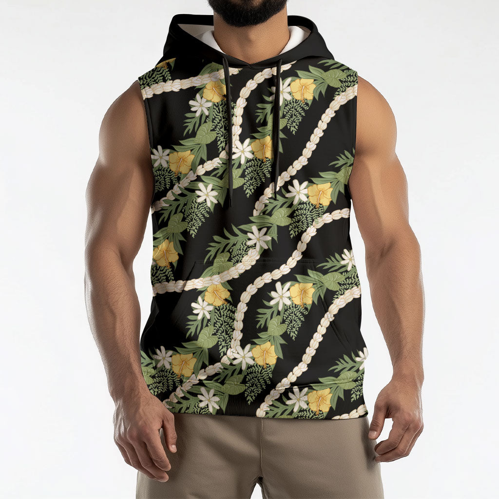 Hawaiian Pikake Maile Lei Sleeveless Hoodie Tiare Hibiscus Kalo Palapalai Leaf Black
