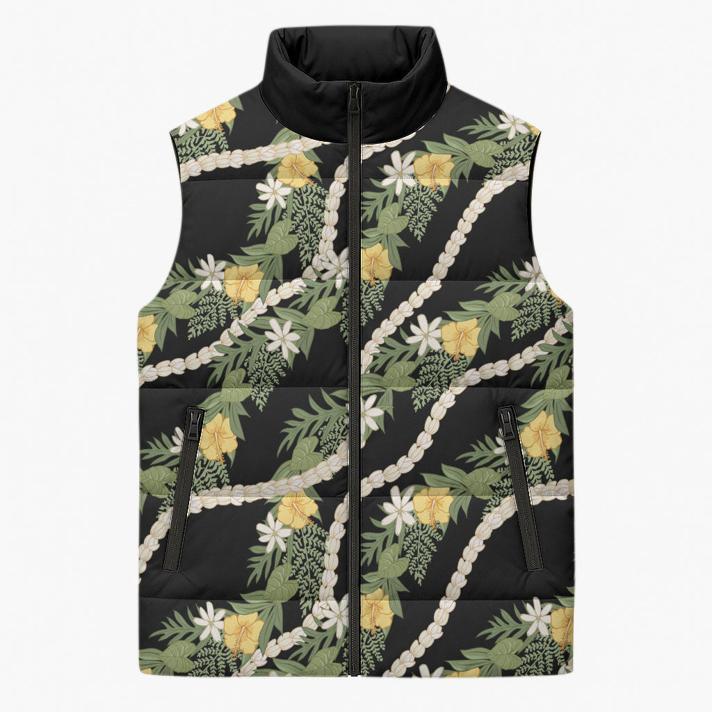Hawaiian Pikake Maile Lei Sleeveless Puffer Jacket Tiare Hibiscus Kalo Palapalai Leaf Black