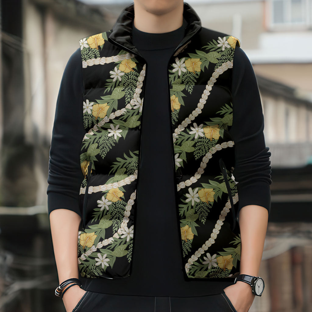Hawaiian Pikake Maile Lei Sleeveless Puffer Jacket Tiare Hibiscus Kalo Palapalai Leaf Black