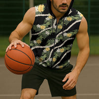 Hawaiian Pikake Maile Lei Sleeveless Zip Hoodie Tiare Hibiscus Kalo Palapalai Leaf Black