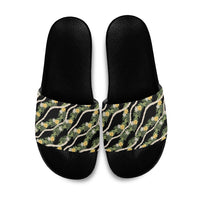 Hawaiian Pikake Maile Lei Slide Sandals Tiare Hibiscus Kalo Palapalai Leaf Black