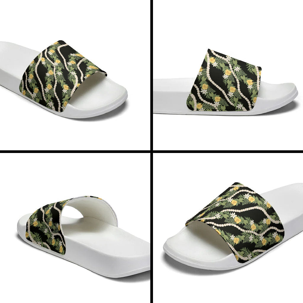 Hawaiian Pikake Maile Lei Slide Sandals Tiare Hibiscus Kalo Palapalai Leaf Black
