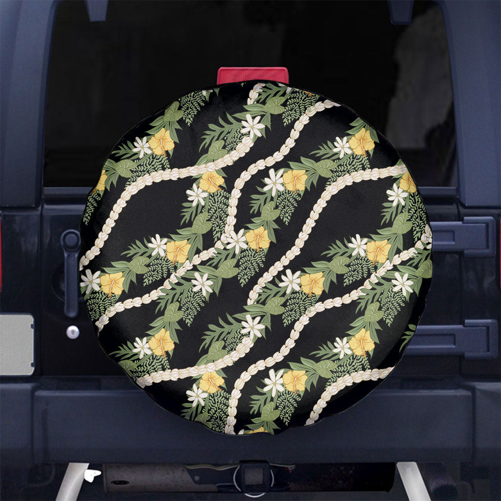 Hawaiian Pikake Maile Lei Spare Tire Cover Tiare Hibiscus Kalo Palapalai Leaf Black