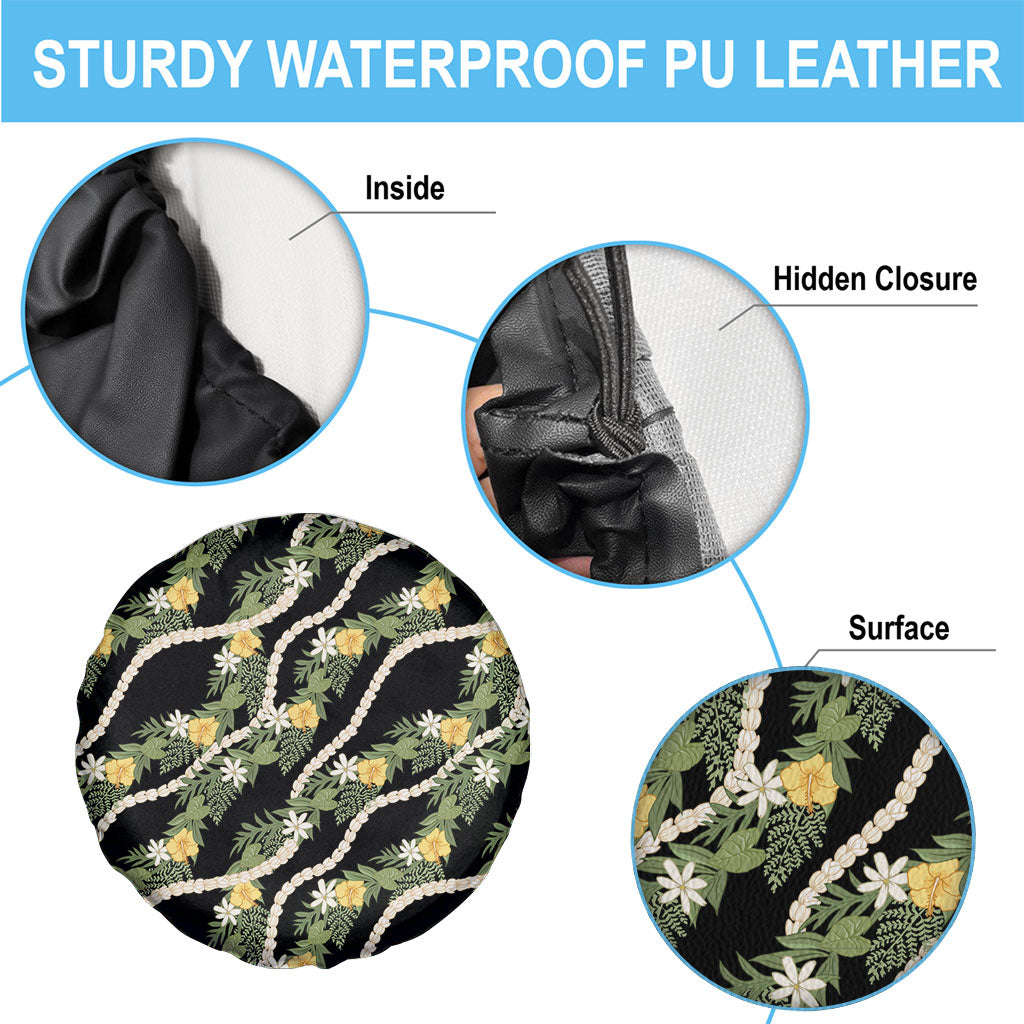 Hawaiian Pikake Maile Lei Spare Tire Cover Tiare Hibiscus Kalo Palapalai Leaf Black