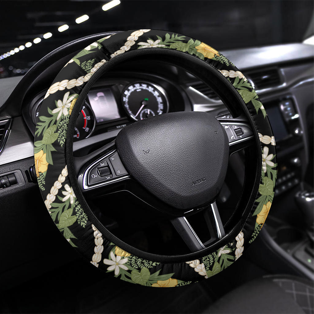 Hawaiian Pikake Maile Lei Steering Wheel Cover Tiare Hibiscus Kalo Palapalai Leaf Black