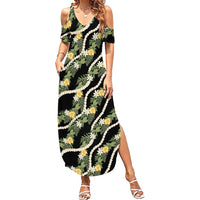 Hawaiian Pikake Maile Lei Summer Maxi Dress Tiare Hibiscus Kalo Palapalai Leaf Black