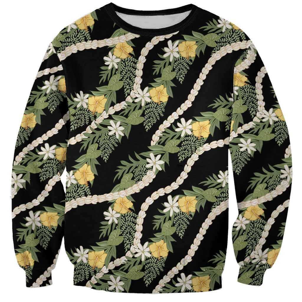 Hawaiian Pikake Maile Lei Sweatshirt Tiare Hibiscus Kalo Palapalai Leaf Black
