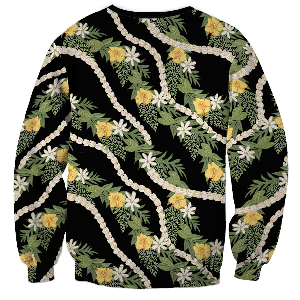 Hawaiian Pikake Maile Lei Sweatshirt Tiare Hibiscus Kalo Palapalai Leaf Black
