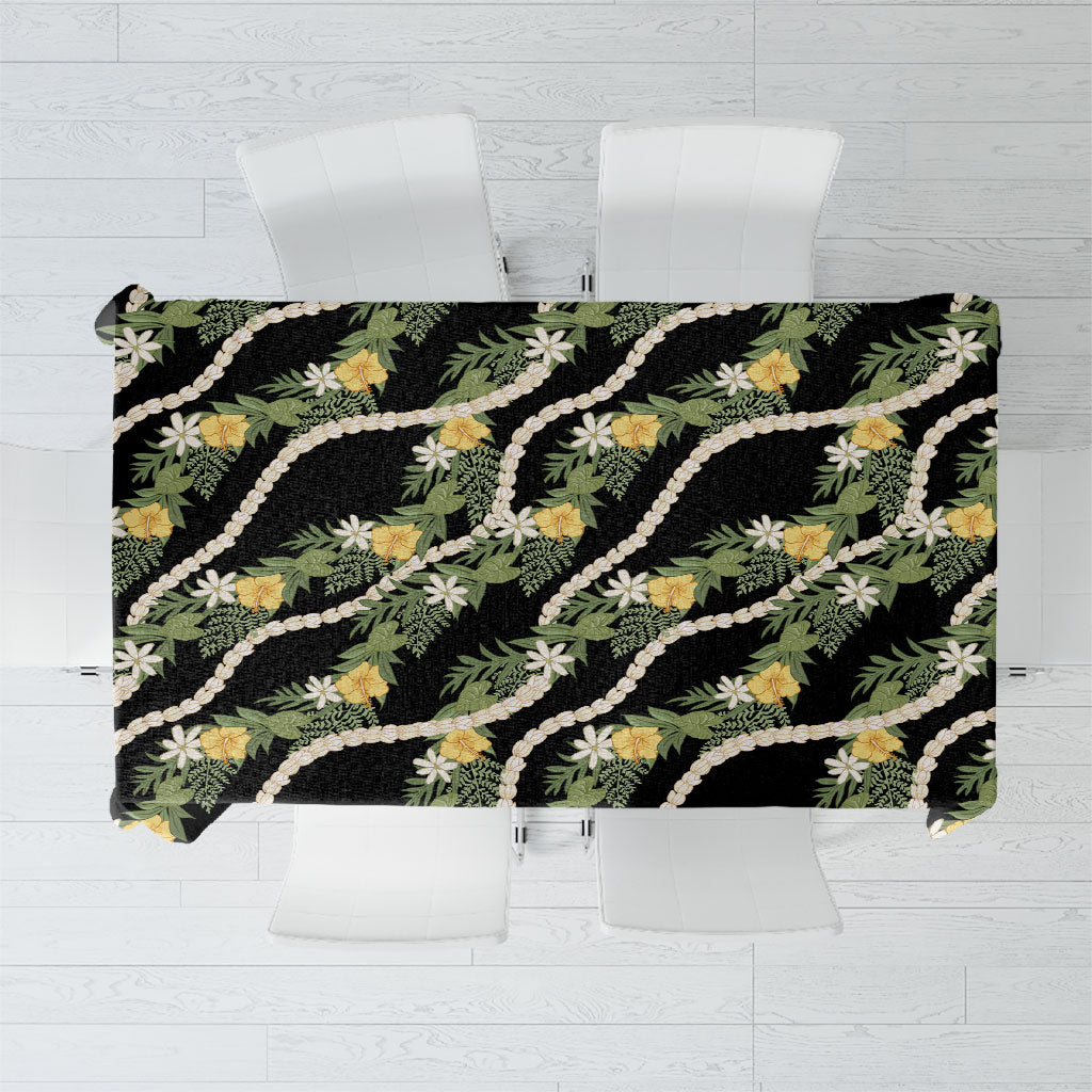 Hawaiian Pikake Maile Lei Tablecloth Tiare Hibiscus Kalo Palapalai Leaf Black