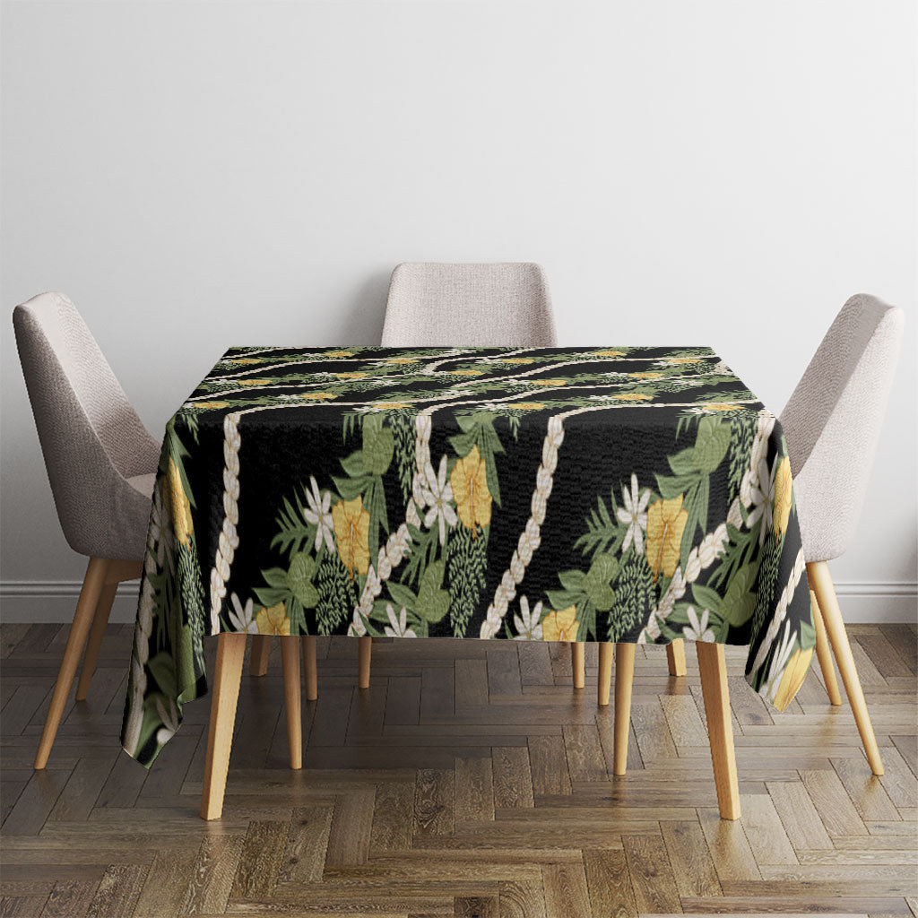 Hawaiian Pikake Maile Lei Tablecloth Tiare Hibiscus Kalo Palapalai Leaf Black