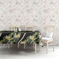 Hawaiian Pikake Maile Lei Tablecloth Tiare Hibiscus Kalo Palapalai Leaf Black