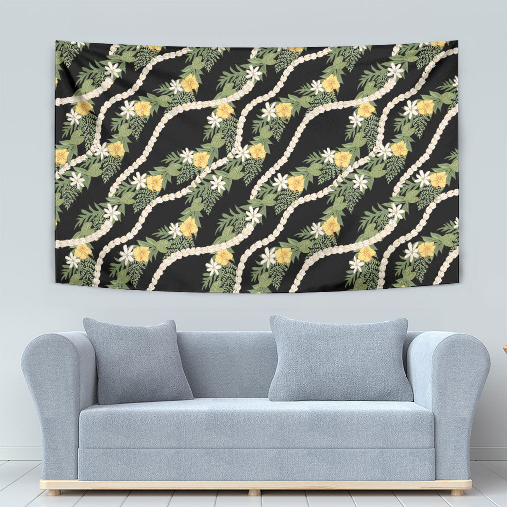 Hawaiian Pikake Maile Lei Tapestry Tiare Hibiscus Kalo Palapalai Leaf Black