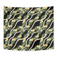 Hawaiian Pikake Maile Lei Tapestry Tiare Hibiscus Kalo Palapalai Leaf Black