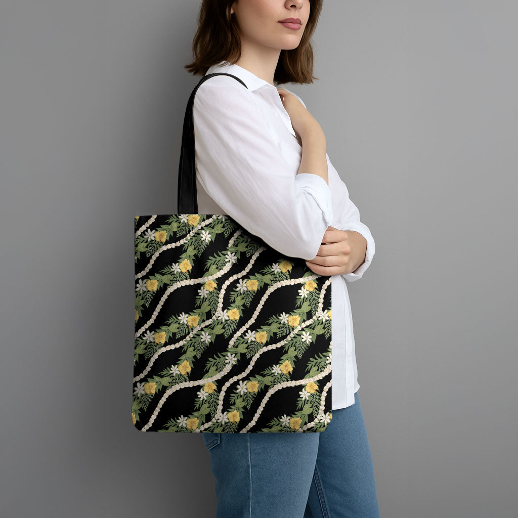 Hawaiian Pikake Maile Lei Tote Bag Tiare Hibiscus Kalo Palapalai Leaf Black