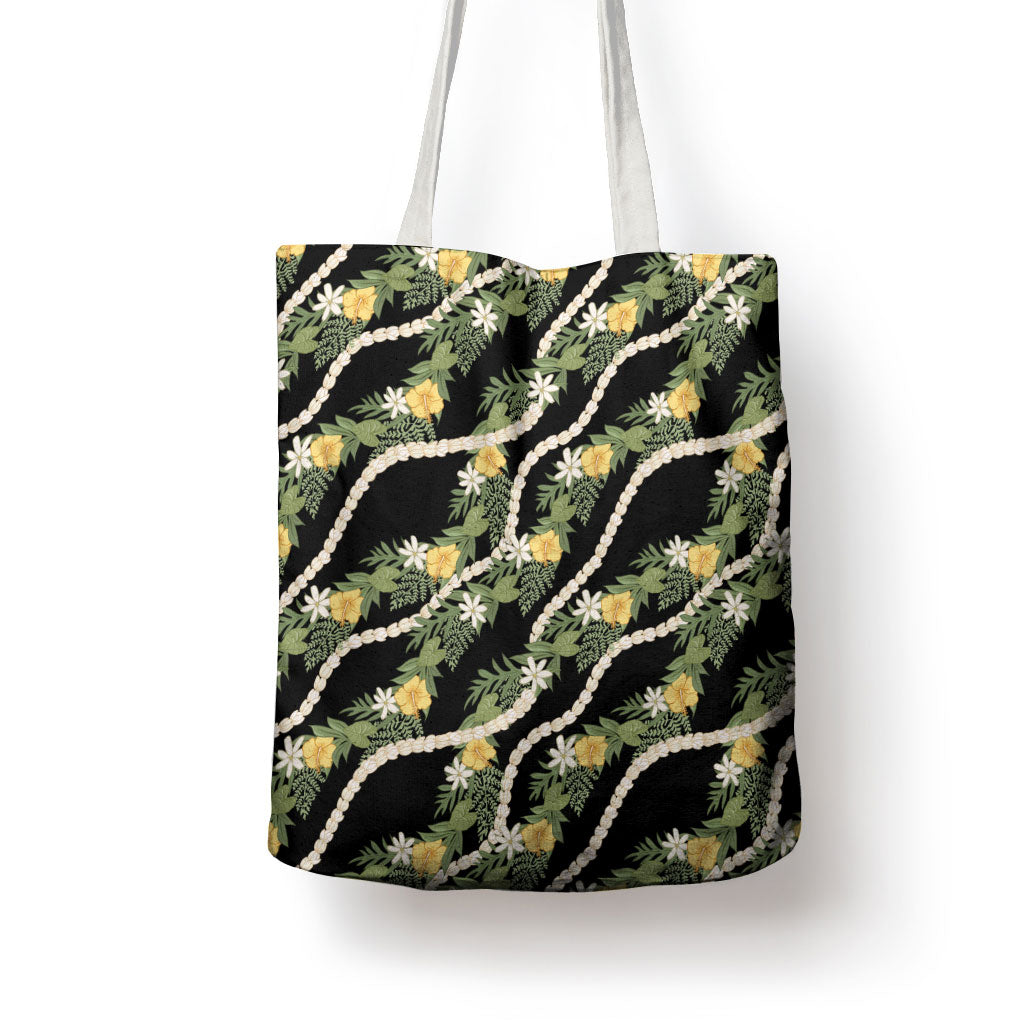 Hawaiian Pikake Maile Lei Tote Bag Tiare Hibiscus Kalo Palapalai Leaf Black