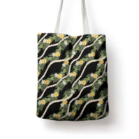 Hawaiian Pikake Maile Lei Tote Bag Tiare Hibiscus Kalo Palapalai Leaf Black