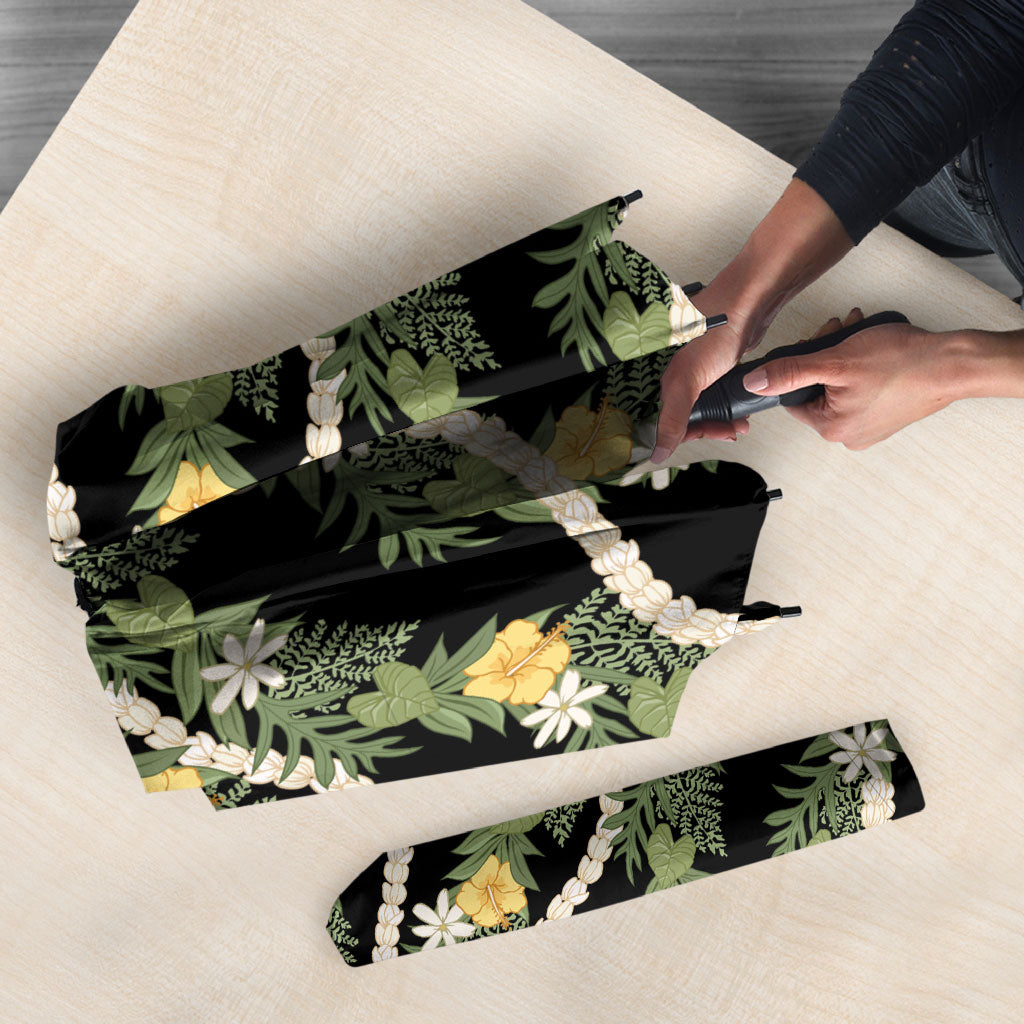 Hawaiian Pikake Maile Lei Umbrella Tiare Hibiscus Kalo Palapalai Leaf Black