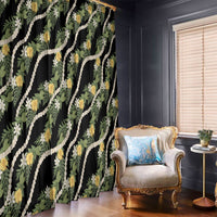Hawaiian Pikake Maile Lei Window Curtain Tiare Hibiscus Kalo Palapalai Leaf Black