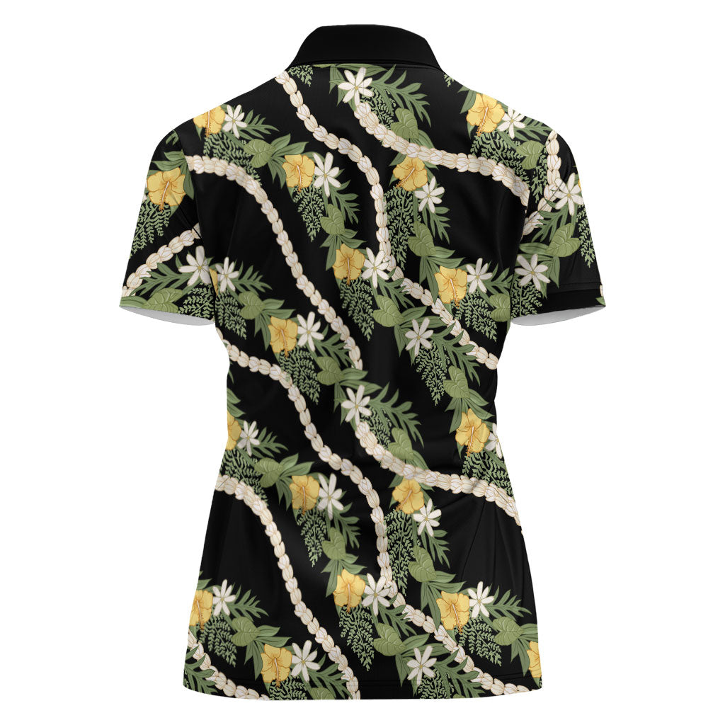 Hawaiian Pikake Maile Lei Women Polo Shirt Tiare Hibiscus Kalo Palapalai Leaf Black LT19 - Polynesian Pride