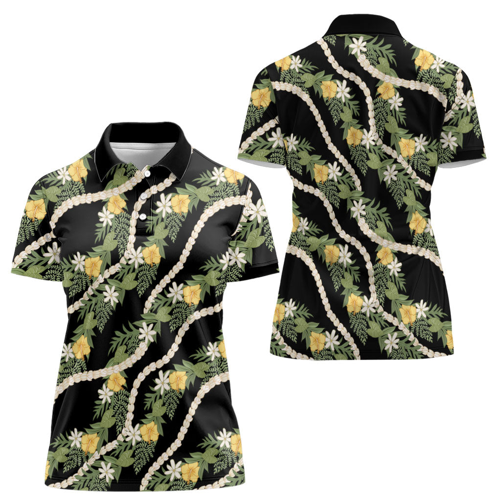 Hawaiian Pikake Maile Lei Women Polo Shirt Tiare Hibiscus Kalo Palapalai Leaf Black LT19 - Polynesian Pride