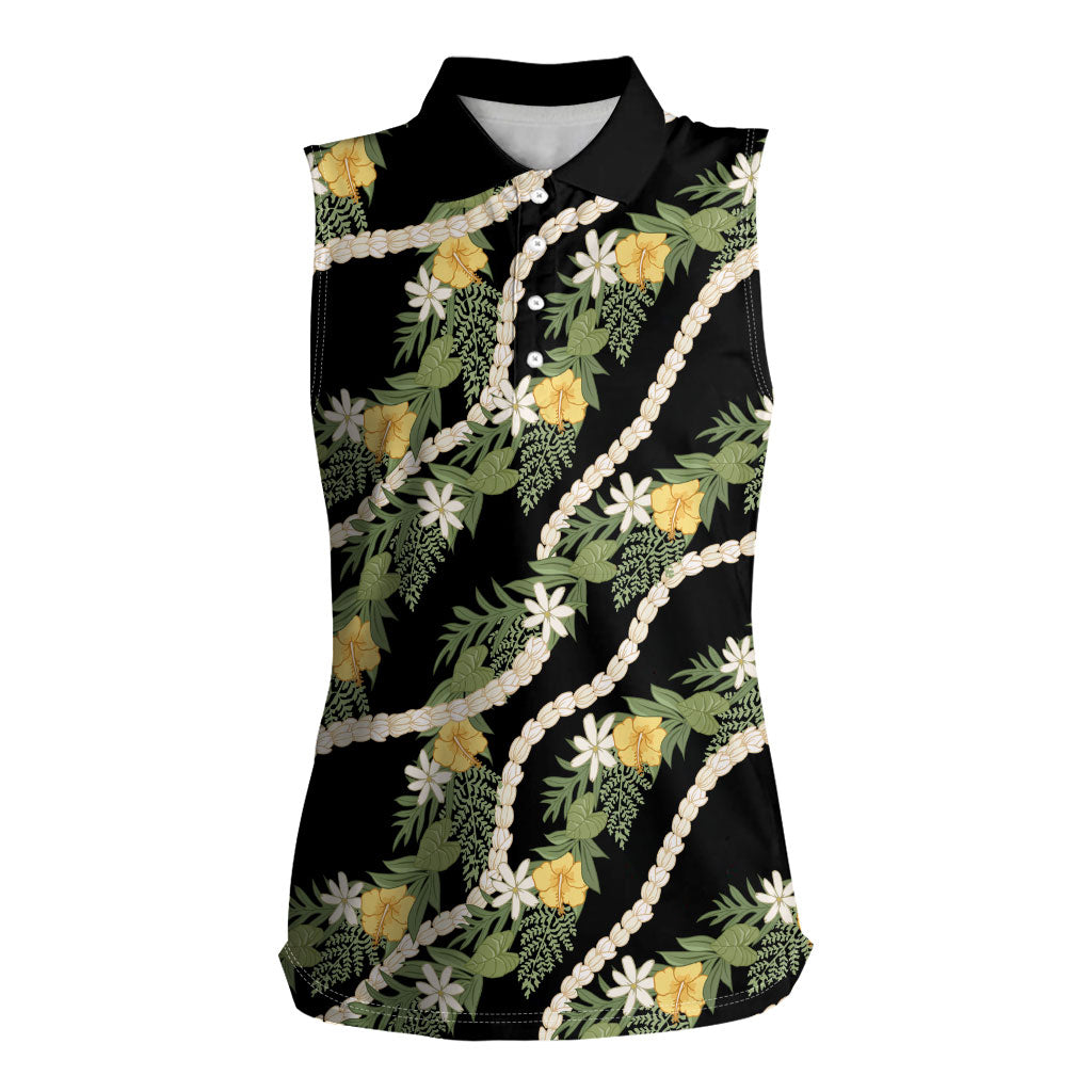 Hawaiian Pikake Maile Lei Women Sleeveless Polo Shirt Tiare Hibiscus Kalo Palapalai Leaf Black LT19 Female Black - Polynesian Pride