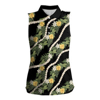 Hawaiian Pikake Maile Lei Women Sleeveless Polo Shirt Tiare Hibiscus Kalo Palapalai Leaf Black LT19 Female Black - Polynesian Pride