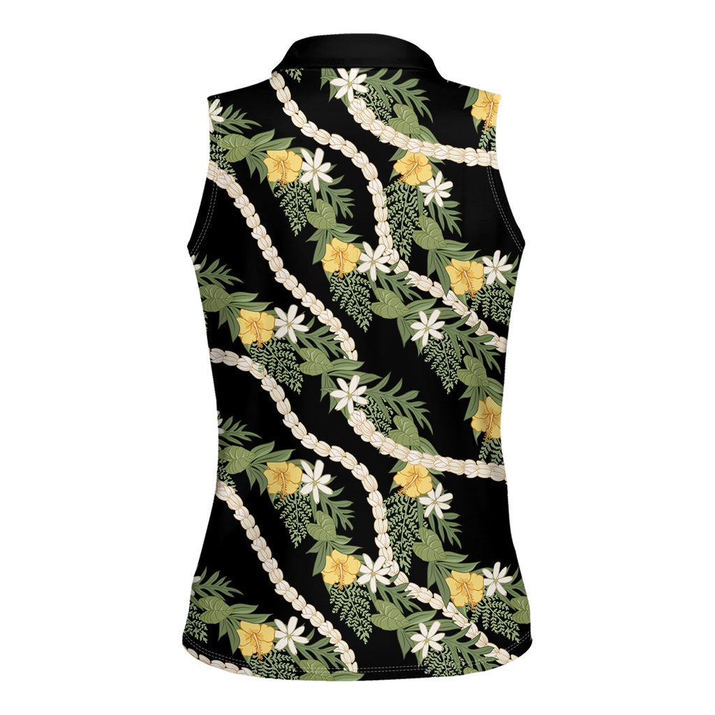 Hawaiian Pikake Maile Lei Women Sleeveless Polo Shirt Tiare Hibiscus Kalo Palapalai Leaf Black LT19 - Polynesian Pride