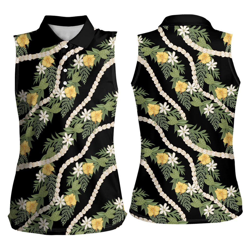 Hawaiian Pikake Maile Lei Women Sleeveless Polo Shirt Tiare Hibiscus Kalo Palapalai Leaf Black LT19 - Polynesian Pride