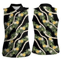 Hawaiian Pikake Maile Lei Women Sleeveless Polo Shirt Tiare Hibiscus Kalo Palapalai Leaf Black LT19 - Polynesian Pride