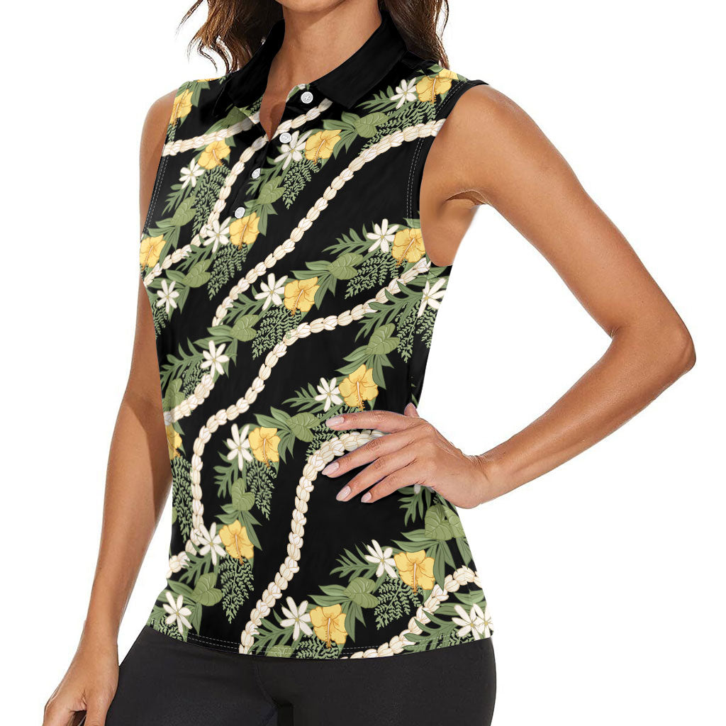 Hawaiian Pikake Maile Lei Women Sleeveless Polo Shirt Tiare Hibiscus Kalo Palapalai Leaf Black LT19 - Polynesian Pride