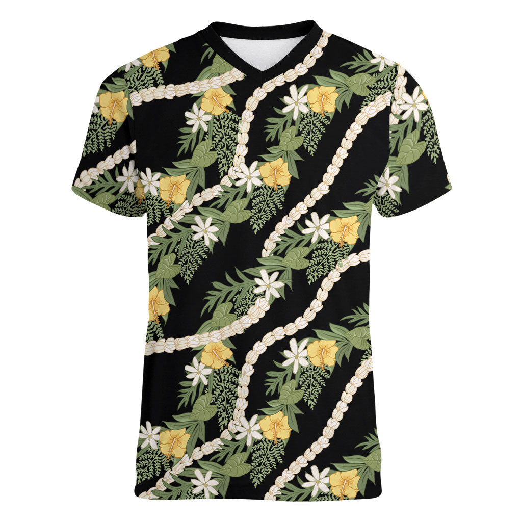 Hawaiian Pikake Maile Lei Women V-Neck T-Shirt Tiare Hibiscus Kalo Palapalai Leaf Black