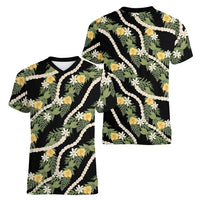 Hawaiian Pikake Maile Lei Women V-Neck T-Shirt Tiare Hibiscus Kalo Palapalai Leaf Black LT19 - Polynesian Pride