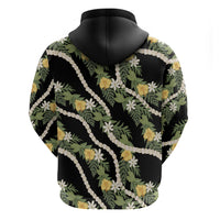 Hawaiian Pikake Maile Lei Zip Hoodie Tiare Hibiscus Kalo Palapalai Leaf Black