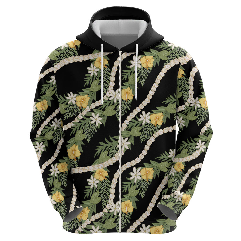 Hawaiian Pikake Maile Lei Zip Hoodie Tiare Hibiscus Kalo Palapalai Leaf Black