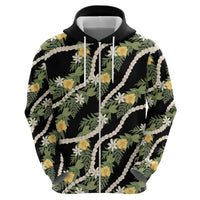 Hawaiian Pikake Maile Lei Zip Hoodie Tiare Hibiscus Kalo Palapalai Leaf Black