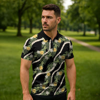 Hawaiian Pikake Maile Lei Zipper Polo Shirt Tiare Hibiscus Kalo Palapalai Leaf Black