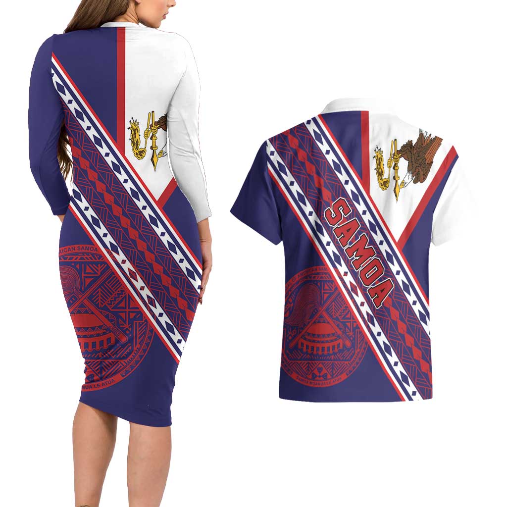 American Samoa Flag Day Couples Matching Long Sleeve Bodycon Dress and Hawaiian Shirt Polynesian Tribal Tattoo Eagle Art LT19 - Polynesian Pride