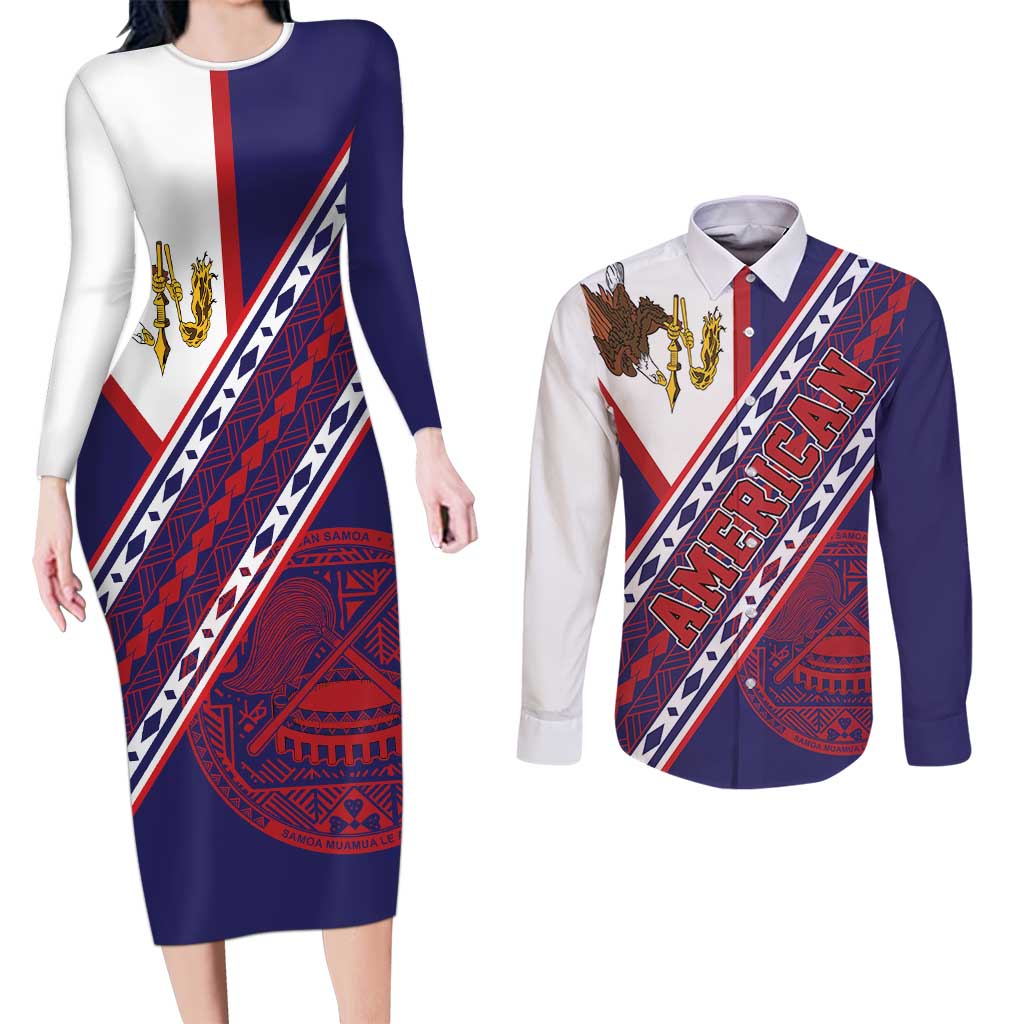 American Samoa Flag Day Couples Matching Long Sleeve Bodycon Dress and Long Sleeve Button Shirt Polynesian Tribal Tattoo Eagle Art