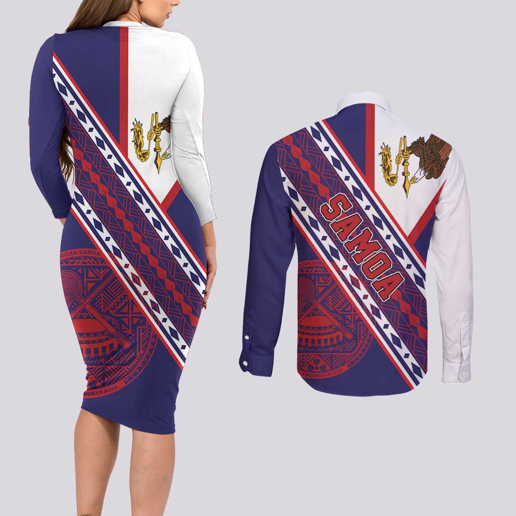 American Samoa Flag Day Couples Matching Long Sleeve Bodycon Dress and Long Sleeve Button Shirt Polynesian Tribal Tattoo Eagle Art