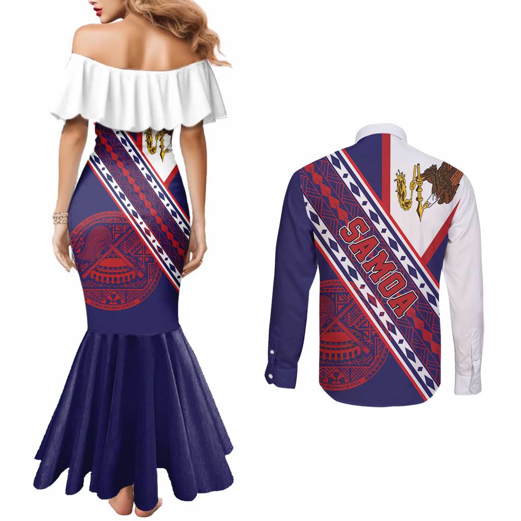 American Samoa Flag Day Couples Matching Mermaid Dress and Long Sleeve Button Shirt Polynesian Tribal Tattoo Eagle Art
