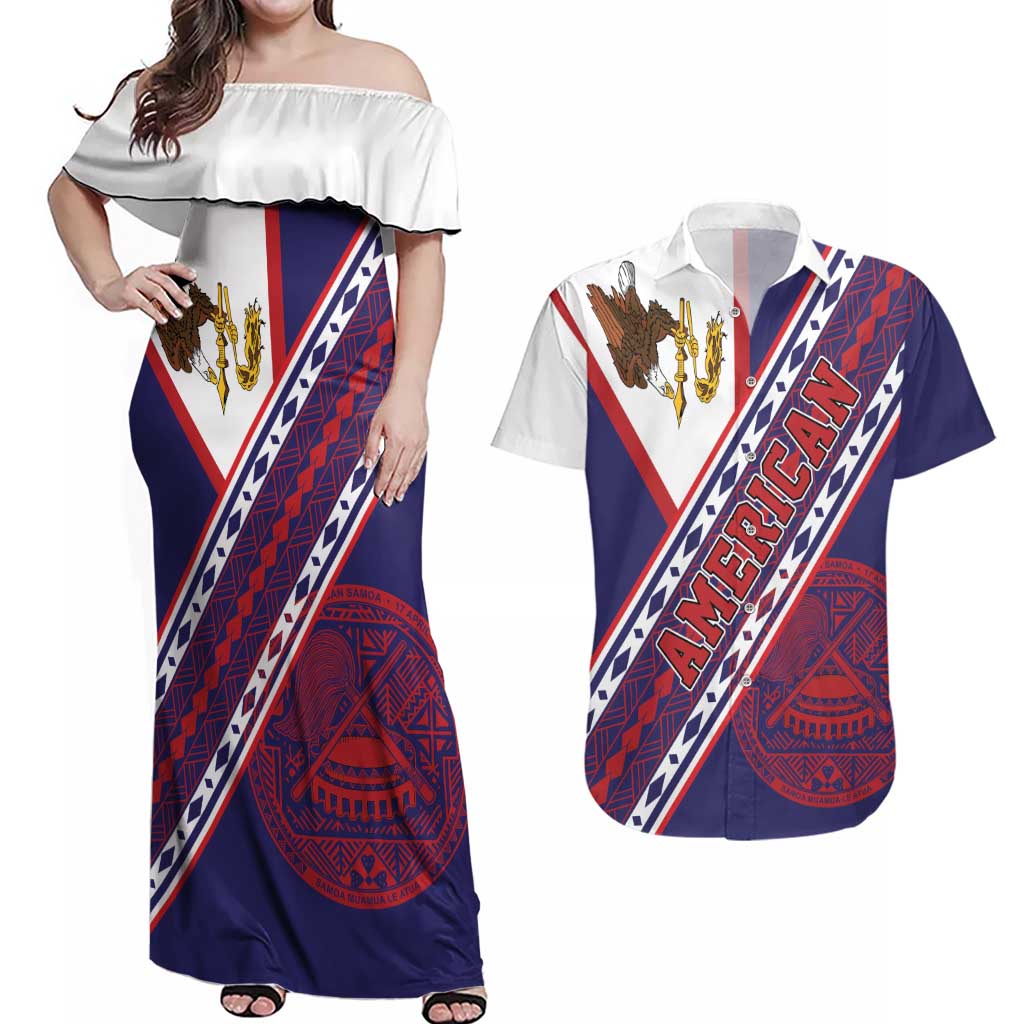 American Samoa Flag Day Couples Matching Off Shoulder Maxi Dress and Hawaiian Shirt Polynesian Tribal Tattoo Eagle Art