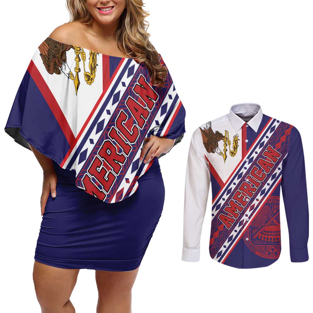 American Samoa Flag Day Couples Matching Off Shoulder Short Dress and Long Sleeve Button Shirt Polynesian Tribal Tattoo Eagle Art
