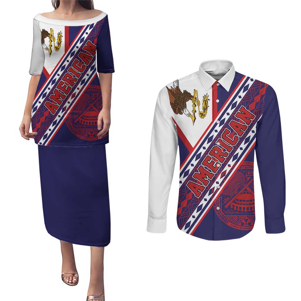 American Samoa Flag Day Couples Matching Puletasi and Long Sleeve Button Shirt Polynesian Tribal Tattoo Eagle Art