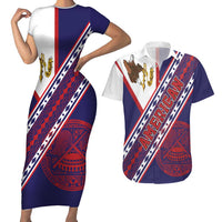 American Samoa Flag Day Couples Matching Short Sleeve Bodycon Dress and Hawaiian Shirt Polynesian Tribal Tattoo Eagle Art