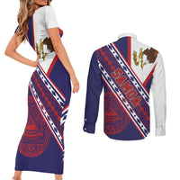 American Samoa Flag Day Couples Matching Short Sleeve Bodycon Dress and Long Sleeve Button Shirt Polynesian Tribal Tattoo Eagle Art