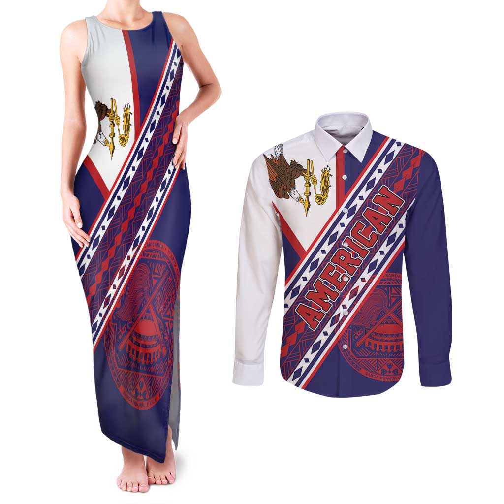 American Samoa Flag Day Couples Matching Tank Maxi Dress and Long Sleeve Button Shirt Polynesian Tribal Tattoo Eagle Art