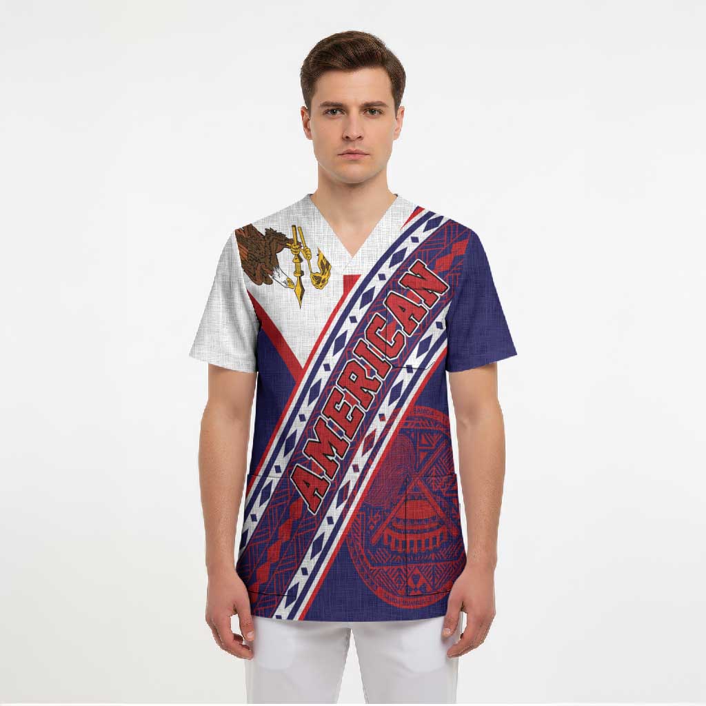 American Samoa Flag Day Scrub Top Polynesian Tribal Tattoo Eagle Art