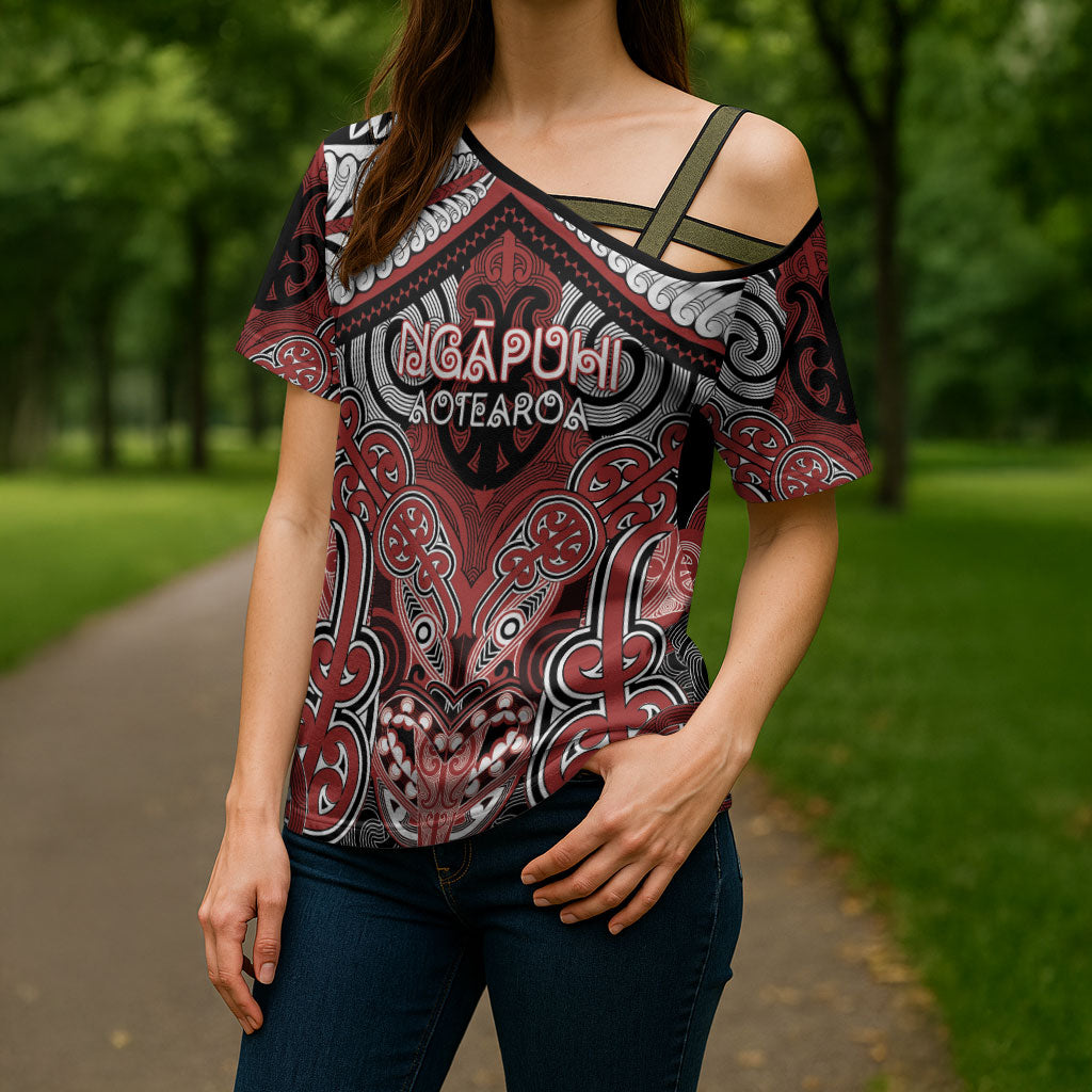 Aotearoa Iwi Ngapuhi Personalised Cross Shoulder Shirt Maori Kowhaiwhai Pattern LT19 - Polynesian Pride