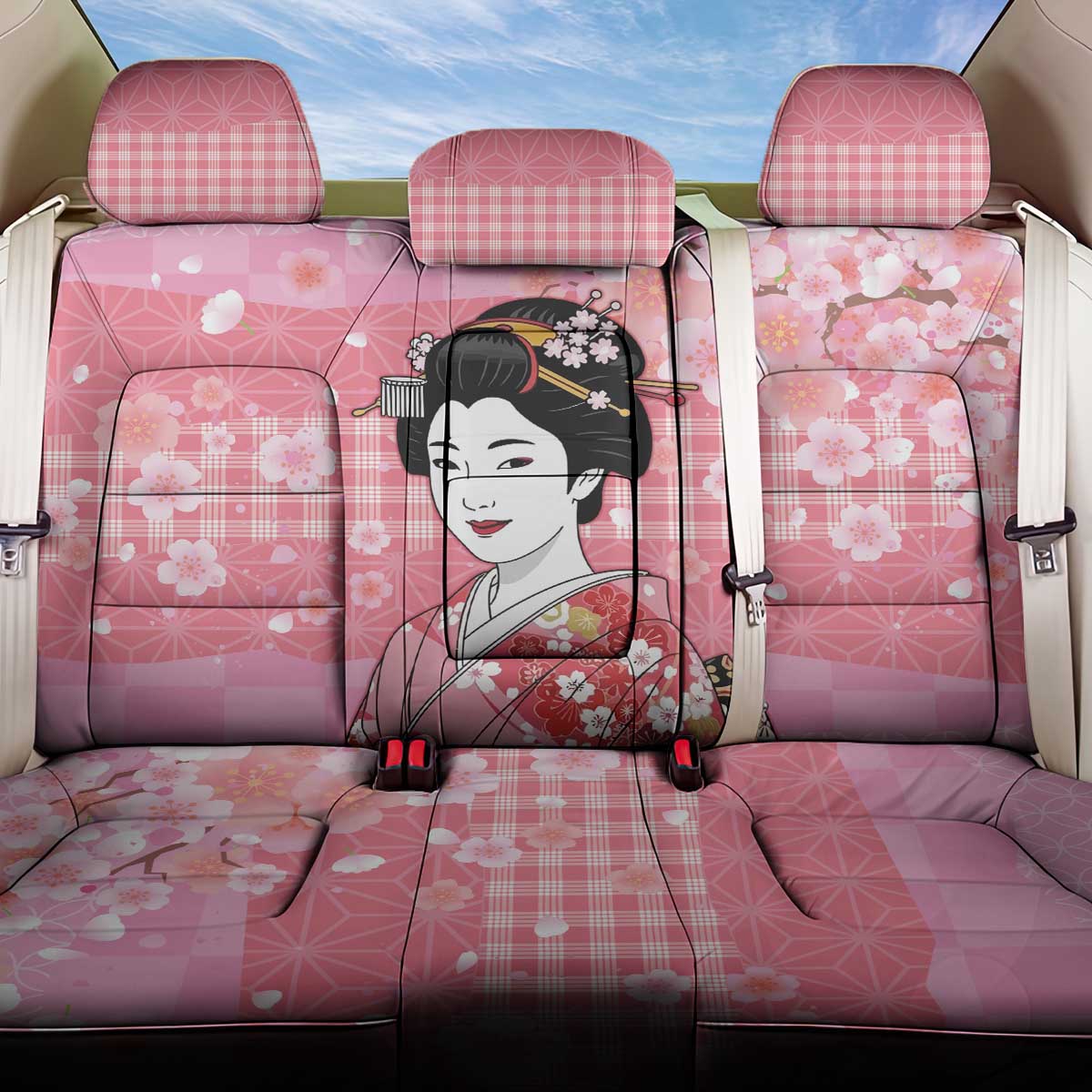 Japanese Geisha Cherry Blossom Back Car Seat Cover Pink Palaka Hawaii Pattern Fusion Design